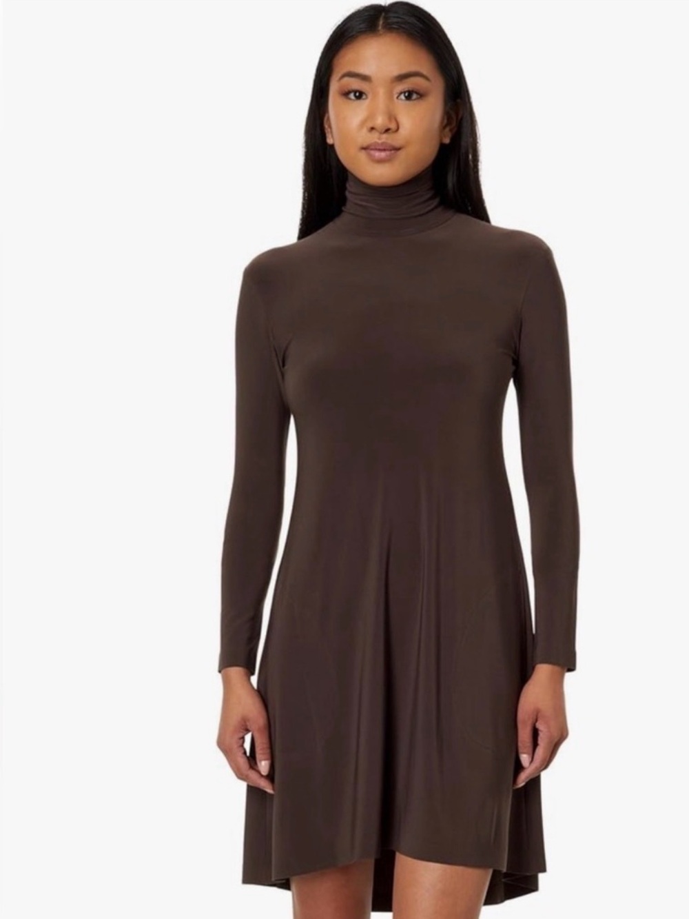 Mittoshop Long Sleeve Brown Turtleneck A-Line Swing Dress